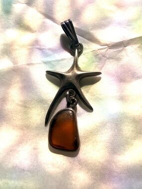 Sea Star Sterling Silver Pendant with Amber Sea Glass